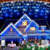 New 141FT - WHITE & BLUE - 1332 LED Icicle Lights Outdoor, Faceted Diamond Lens Curtain Lights with Timer & 12 Modes, Dimmable, 360 Drops String Lights for House Eave Party Wedding Decorations