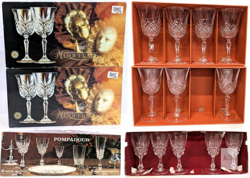 7 Vintage Cristal D'Arques Masquerade Wine Glasses, 5&frac34;oz 6.5" Tall & 5 Pompadour Lead Crystal Glasses 4&frac14;oz 5.4" , All In Original Boxes