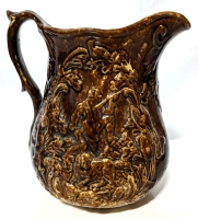 Vintage Large Rockingham Bennington Hunting Stoneware Pitcher.