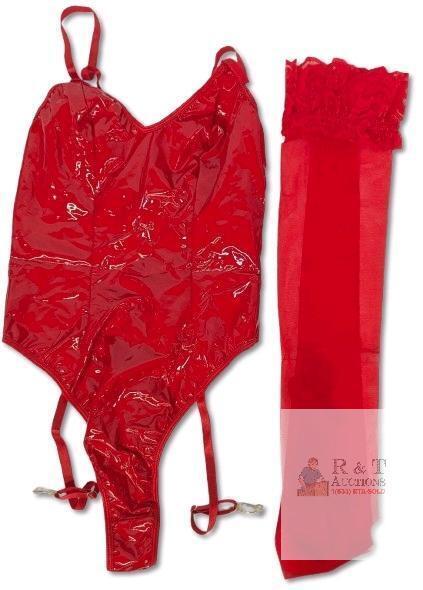 New Size SM Women's Wet-Look Lingerie Bodysuit With Red Stockings