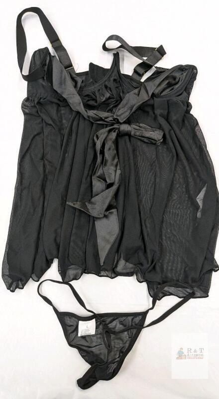 New Black Mesh Babydoll Lingerie Set, Size Large, Includes 2 G-String Panties