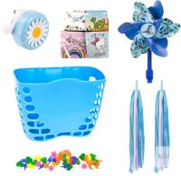 New Blue Kids Bike Basket, Bike Basket 7.5" &times; 5" &times; 5.5" Front Bike Accessories for Kids, Sturdy Plastic Bicycle Basket with Random Stickers, Bike Bell, Windmill, Assorted Tire Spoke Clackers & 1 Pair Tassels