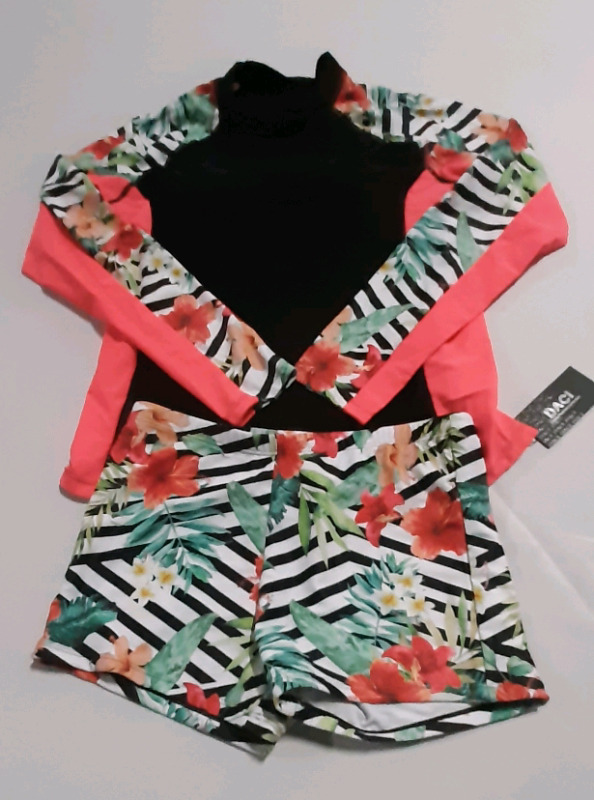 New, Black Striped Floral Tankini with Shorts. SizeM