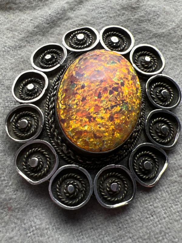 Israel Fire Opal Foil back Vintage Sterling Brooch