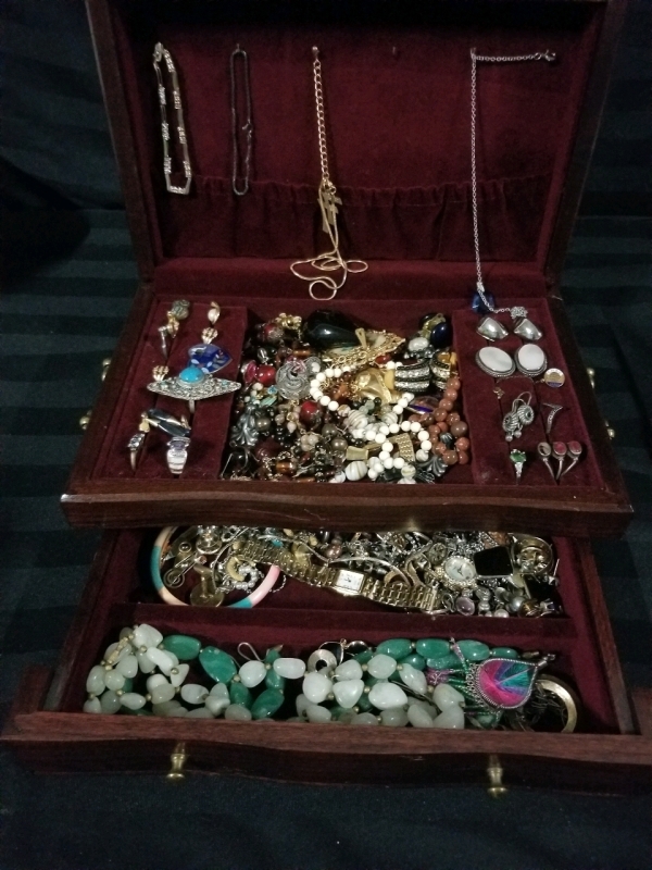 Vintage wooden jewelry box with contents