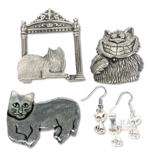 Vintage Cat Themed Jewelry: Signed J Jonette Pewter, Handpainted Ceramic, Earrings & Pendant Set - Up To 2.3" Long