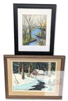 2 Original Signed Vintage Framed Paintings : 1969 R. Cobus Acrylic Untitled Landscape 21" &times; 17" & Nancy Teminski "Trees" (Formerly Titled "Industrialization" Watercolor