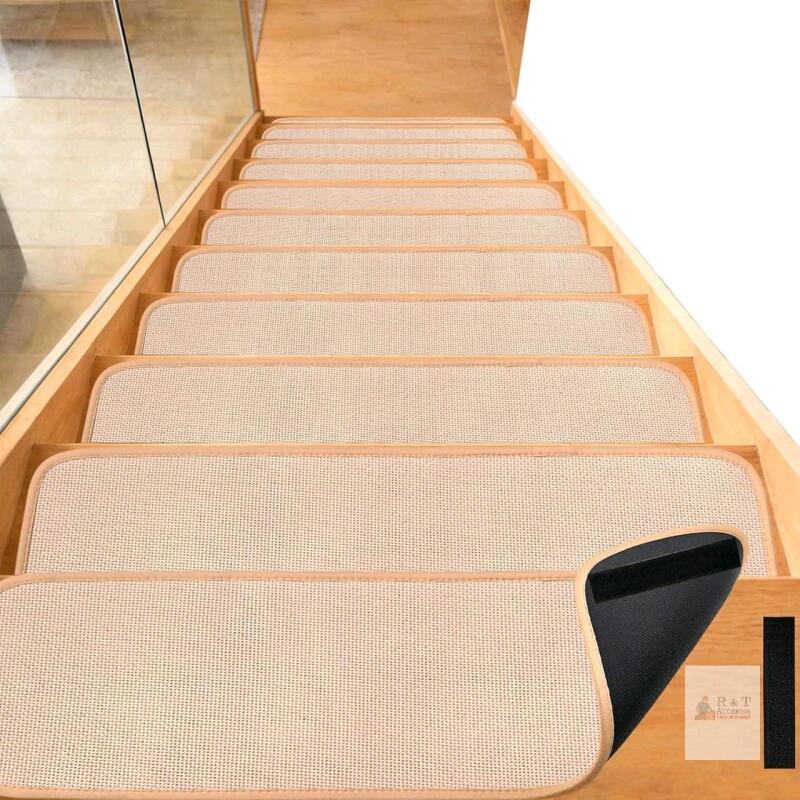 New 15PCS Peel and Stick Adhesive Stair Treads for Wooden Steps with Self-Adhesive Velcro Jute Stair Treads Rubber Backed Non Slip Jute Stair Rug Step Pad for Pet Dog 8"x30" Beige