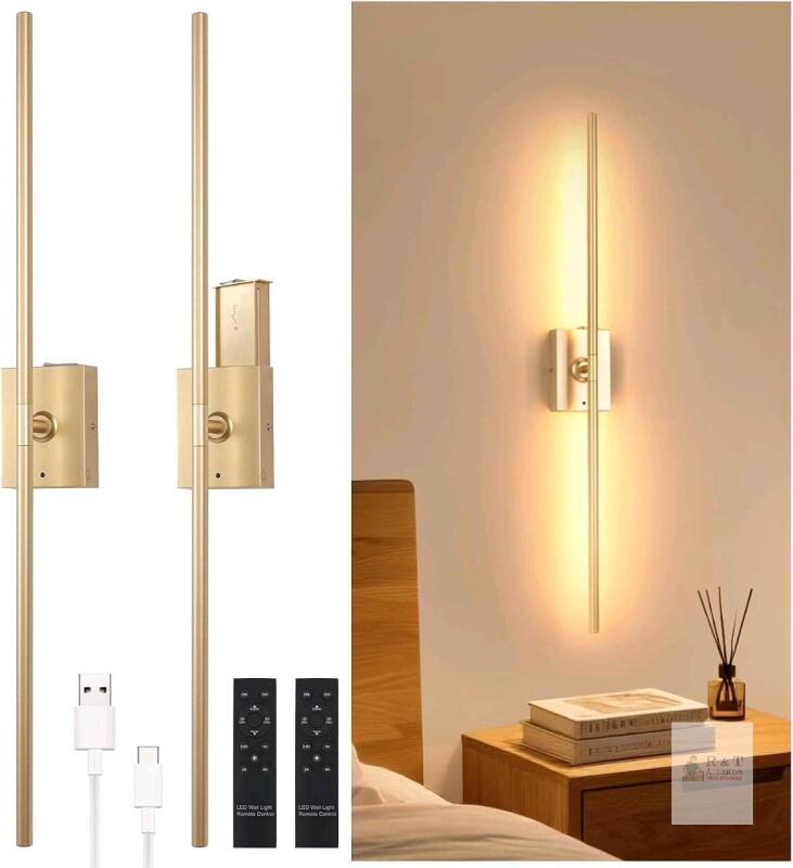 NewvShenmoyl Battery Operated Wall Sconce Set of 2, 10000mAh Rechargeable Wall Sconces with Detachable Battery, Indoor 350&deg;Rotate Wall Lights for Bedroom Living Room, Gold, 31.5 Inch