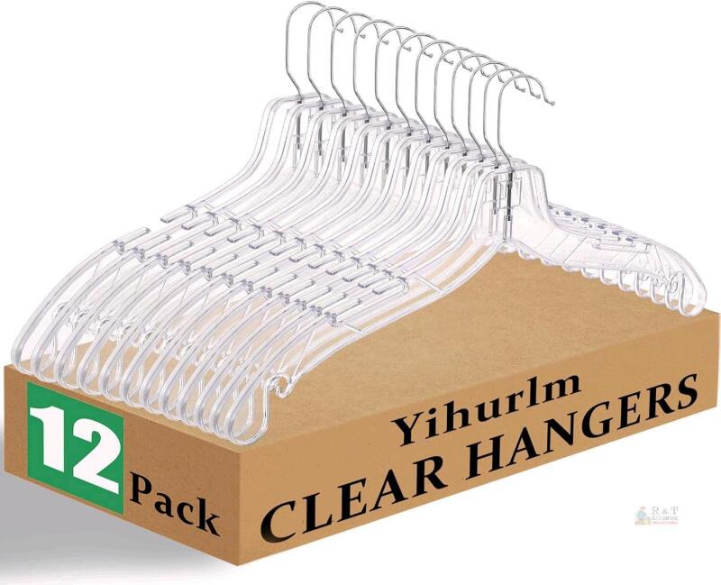 Mew Yihurlm 12 Pack Clear Plastic Hangers, Clear Hangers with 360 Swivel Metal Hook, Shirt Hanger Coat Hangers, Heavy Duty Hangers Dress Hangers for Clothes Shirts Dresses, 16.7 Inch