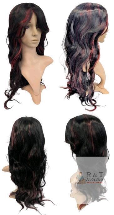 New 22" Long Wavy Synthetic Wig With Bangs, Black With Vibrant Red Streaks FS/2506 1B-Red#