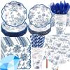 New Funnymoom 452-Piece Blue Floral Chinoiserie Party Supplies Plates Napkins Cups Cutlery Straws - Summer Party Ready