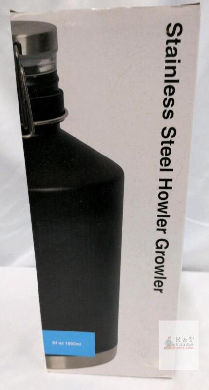 64 oz Double Wall Stainless Steel Howler Growler, Black, Swing Top Lid, Leather Strap