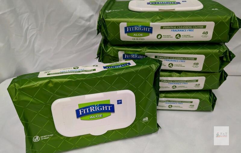 FitRight Aloe Quilted Personal Cleansing Cloths, Fragrance-Free, 48 Count per Pack, 8" x 12" Wipes