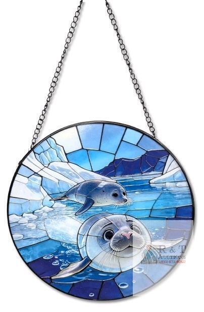 New Adorably Cute Baby Seal Glass Sun Catcher With Suction Cup & Chain, 7.8" Diameter, Textured On One Side