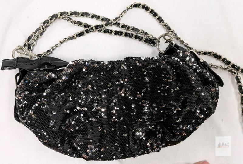 Black Sequin Shoulder Crossbody Bag, Silver Chain Strap, 13" Wide, Zip Closure, Evening Purse