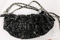 Black Sequin Shoulder Crossbody Bag, Silver Chain Strap, 13" Wide, Zip Closure, Evening Purse
