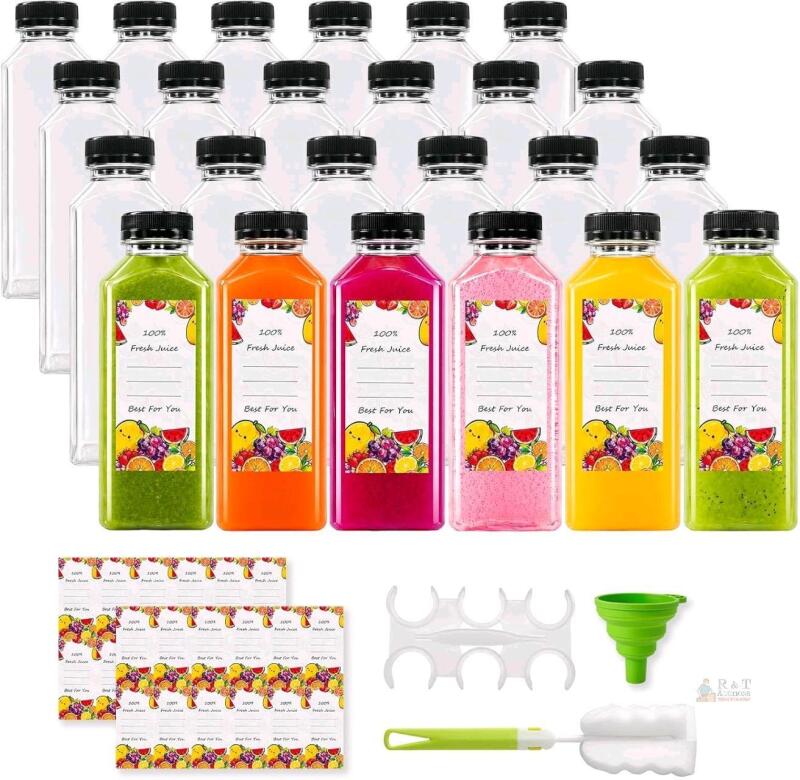 New Kouwich 16 oz Plastic Juice Bottles with Caps (24 Pack) Reusable Clear Empty Containers for Smoothies, Milk, Sensory Jars Leak Proof Tamper Evident Lids, Includes Labels, Funnel & Brush Food Grade