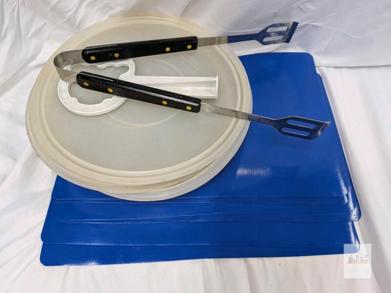 Mixed Kitchen Utensils Set: Blue Cutting Mats, 2 BBQ Tongs, Lids, Food Mold & Cutter,