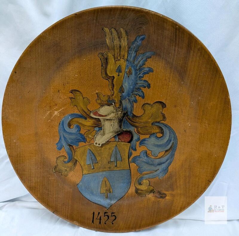 Antique German Wooden Family Crest Plaque with Hand-Painted Heraldic Design, Dated 1911