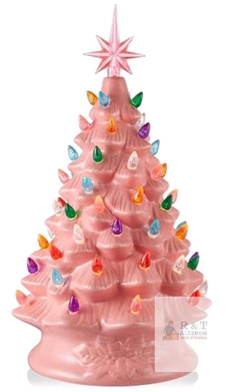 New Lakumu 16.5" Table Top Christmas Tree, Hand Painted Resin Christmas Tree with Lights, Pre-lit Xmas Tree Decor Lighted Tabletop Decoration with Multicolored LED Bulbs