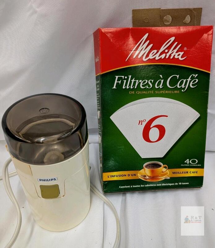 Vintage Philips Electric Coffee Grinder ~180W & Melitta No. 6 Cone Coffee Filters, 40 Pack
