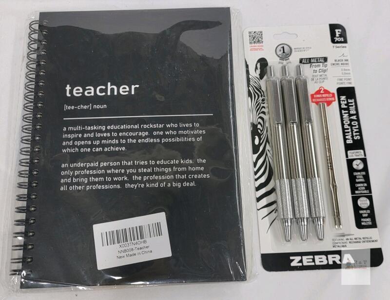 Zebra F-701 3-Pack Stainless Steel Ballpoint Pens 0.8mm + Teacher Spiral Notebook, New,