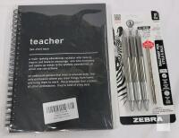 Zebra F-701 3-Pack Stainless Steel Ballpoint Pens 0.8mm + Teacher Spiral Notebook, New,