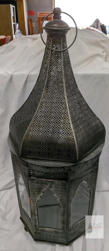 Large Moroccan-Style Metal & Glass Lantern, 25.5" Domed Hexagonal Hanging Candle Holder