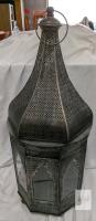 Large Moroccan-Style Metal & Glass Lantern, 25.5" Domed Hexagonal Hanging Candle Holder