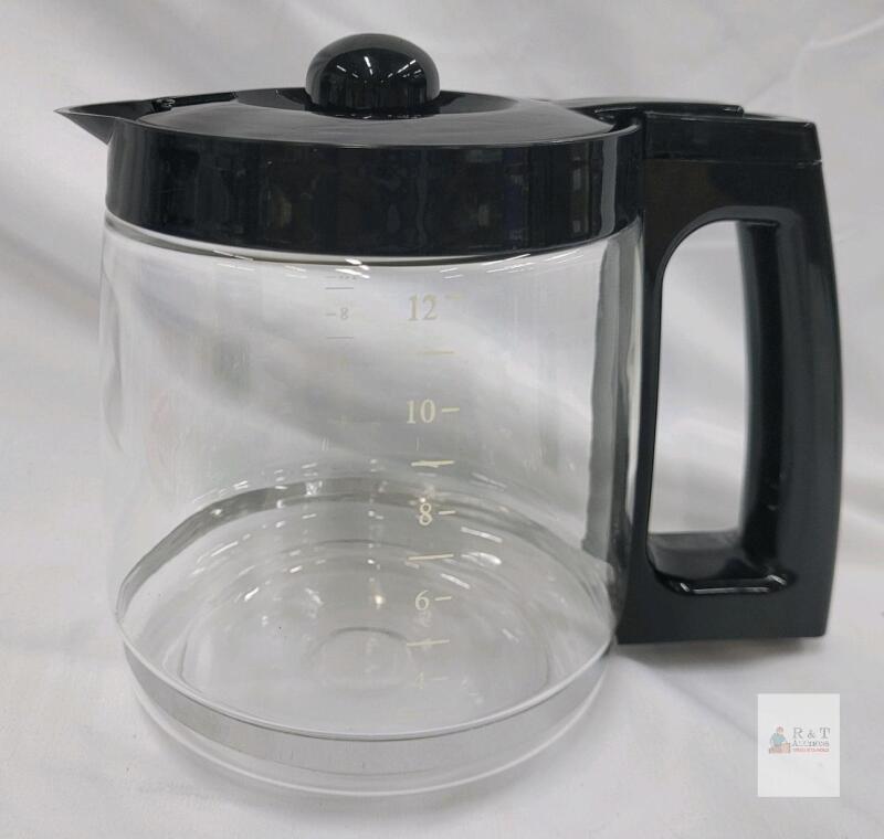 12-Cup Glass Coffee Carafe with Black Handle and Lid, Marked Measurements, Hinged Top, Fits Standard Makers