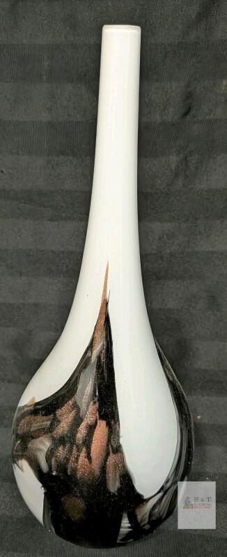 Hand-Blown Art Glass Bud Vase, 12" Tall, Metallic Black & Bronze Abstract Design, Modern Decor