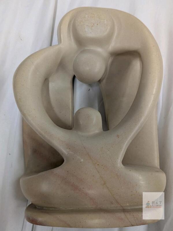 Abstract "Mother and Child" Stone Sculpture, Approx. 12" Tall, Beige/Off-White with Pinkish Streaks