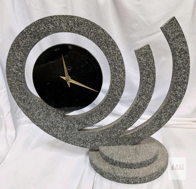 Modern Sculptural Table Clock, Granite-Look Siru, Quartz Movement, 16 in, Gray & Black