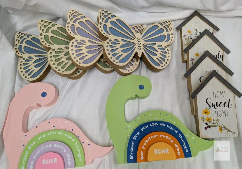 Colorful Wooden Butterfly, Dinosaur & House Wall Signs Lot &ndash; Motivational & Home Decor, Set of 10