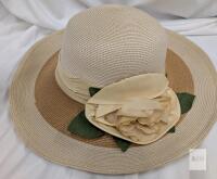 Vintage Sylvia Wide-Brim Straw Hat with Cream Flower Decoration, New York St. Louis Label