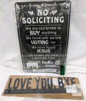 Decorative Metal Wall Signs &ndash; "No Soliciting" & "LOVE YOU. BYE."