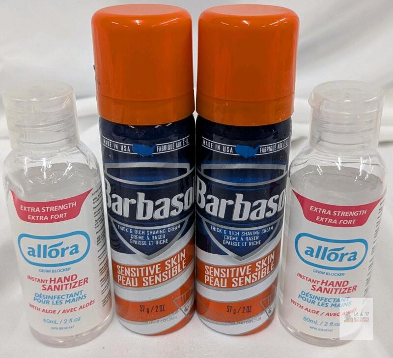 Barbasol Sensitive Skin 2oz Shaving Cream (2) + Allora Hand Sanitizer 2oz 72% Alcohol (2)