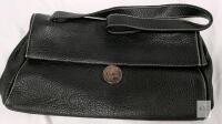 Black Pebbled Leather Shoulder Bag, Silver-Tone Hardware, 14" Wide, Logo Flap, White Contrast Stitching