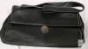 Black Pebbled Leather Shoulder Bag, Silver-Tone Hardware, 14" Wide, Logo Flap, White Contrast Stitching