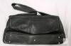 Black Pebbled Leather Shoulder Bag, Silver-Tone Hardware, 14" Wide, Logo Flap, White Contrast Stitching - 2