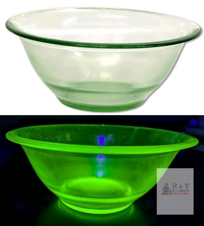 Vintage Uranium Glass Salad Bowl, 8.75" Diameter &times; 3.5" Tall, No Chips or Cracks, Heavy Utensil Marks