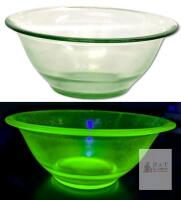 Vintage Uranium Glass Salad Bowl, 8.75" Diameter &times; 3.5" Tall, No Chips or Cracks, Heavy Utensil Marks