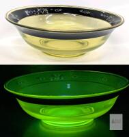 Vintage Uranium Glass Serving Bowl With Handpainted Floral Details & Gilt Rim, 9.15" Diameter &times; 2.8" Tall, No Chips or Cracks