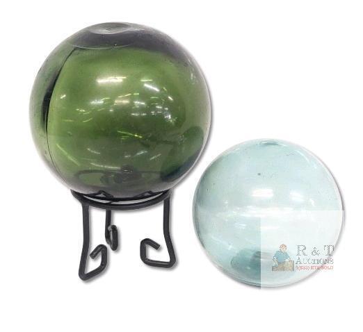 2 Vintage Glass Fishing Floats, 1 Marked Japanese Characters on One End, Other Marked "10", Approx 4" - 5" Diameter, No Chips or Cracks, With 1 Stand