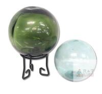 2 Vintage Glass Fishing Floats, 1 Marked Japanese Characters on One End, Other Marked "10", Approx 4" - 5" Diameter, No Chips or Cracks, With 1 Stand