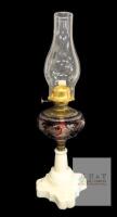 Vintage MB Co. NY Queen No. 3 Hurricane Oil Lamp, Ruby Glass Cut to Clear Bowl, Milk Glass Base, New Wick, Clear Glass Top, 21.25" Tall, Chip & Fleabites in Base Only