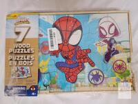 New , As Is - Marvel Spidey and his Amazing Friends 7 Wood Puzzles . Two (2) Broken Wooden Puzzle Piece