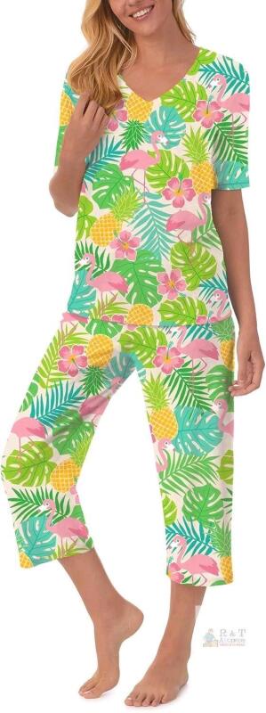 New Size 3XL Women's Pajama Sets V-Neck Short Sleeve Top and Capri Pants with Pockets Sleepwear Set Two Piece PJS