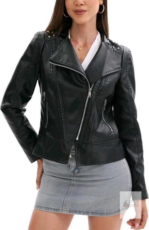 New Size MED Women's Rivet Studded Faux Leather Motorcycle Short Jacket Punk Fashion Streetwear Coat